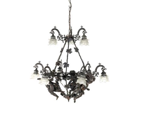 Classic metal 9-light hanging lamp with plastic floating putti and glass shades 105 cm high, 87 cm diameter (various damage t