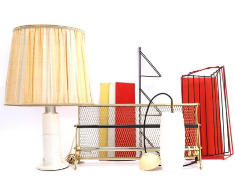 Lot mid-century b.u. wire steel wall rack, 2 wall shelves, milk glass hanging lamp, plastic Erco table lamp and gold-coloured