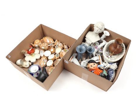 2 boxes with porcelain and earthenware including doll tableware, Goebel Hummel porcelain scented lamp