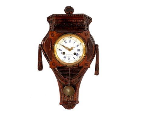 Marked Foucart Bruxelles, wall clock with enamel dial, in oak decorated case, circa 1900.44 cm high, 25 cm wide