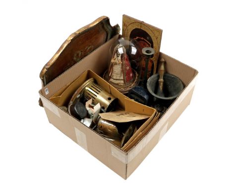 Box with old medical vapor inhalation device, tin candlestick, weight, wooden mortar with pestle, Madonna decoration under be