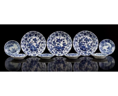3 porcelain dishes with a decor of chrysanthemums, peonies and magnolias with a richly decorated rim of flowers and birds, di
