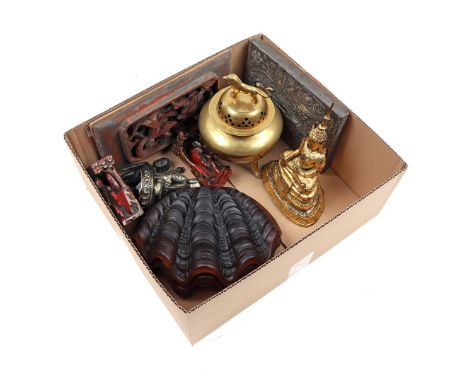 Various box including 4 Art Deco glass shades of a lamp, wood carvings, Oriental figurines and an incense pot