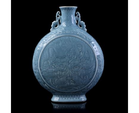 Porcelain Moonvase with light blue decor and decor of dragon in the air hanging over a pond with koi carp, Yongzheng characte