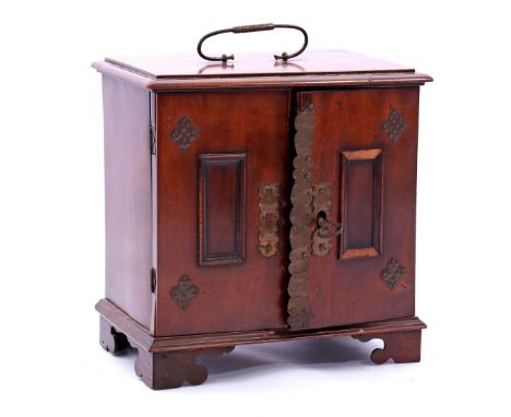 Walnut miniature 2-door table cabinet with 5 drawers in nest with painted scenes in drawer fronts and on the inside of doors,