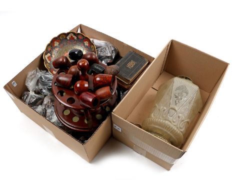 Box with old wooden cupboard knobs, pipe mill with pipes, copper cupboard fittings and bowl, religious books and Jugendstil g