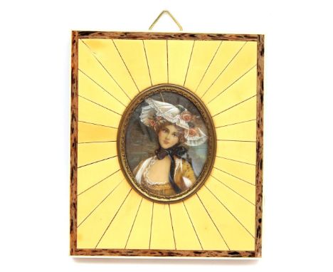 Oval miniature portrait of a woman with hat in an ivory frame, Europe ca. 1920, 10x8.5 cm, 70.7 grams. With certificate