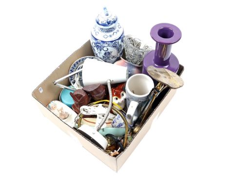 Box of porcelain, pottery, copperware, wooden busts, 1970s desk lamp etc.