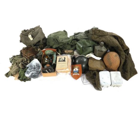 Lot militaria consisting of duffel bag, trousers, belts, cape, various clothing, helmets, cap, provisions cans, cutlery, lamp