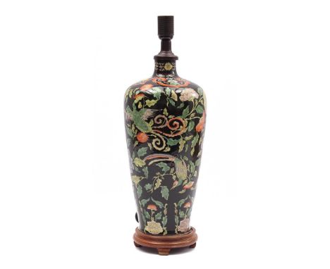 Asian porcelain table lamp base with polychrome decor of birds in a floral setting, 53 cm high