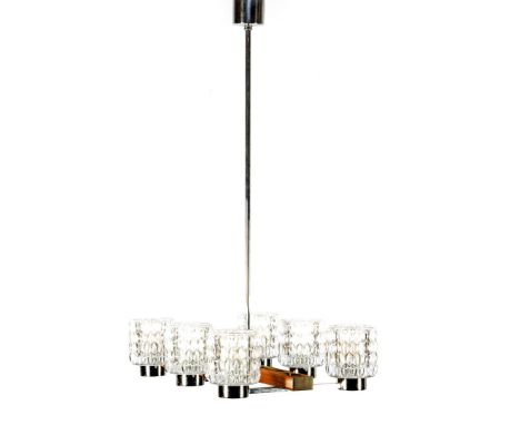 1960s wenge veneer and chrome-plated metal 6-light hanging lamp, Kaiser Leuchten, Germany 1970s, 83 cm high and 57 cm wide