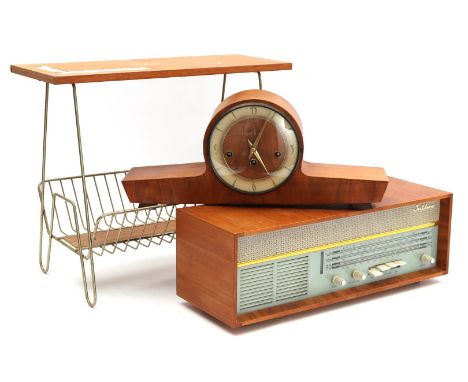 Intimo tube radio in teak cabinet, 48.5 cm wide and Kieninger pendulum clock in teak cabinet 45.5 cm wide and wire-steel maga