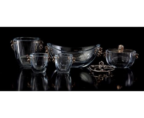 5 Swedish crystal ice cream dishes/trays with sterling silver grape handles and lid, marked Strombergin 4 models 7.5 cm -13 c