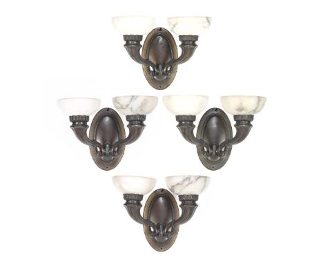 4 Art Deco copper 2-light wall chandeliers with alabaster dishes 25 cm high, 35 cm high, 36 cm wide