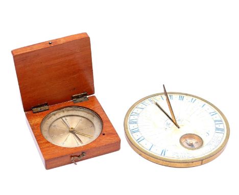 Compass in wooden box 7x7 cm and stones with brass sundial with compass, 19th century, 10 cm diameter