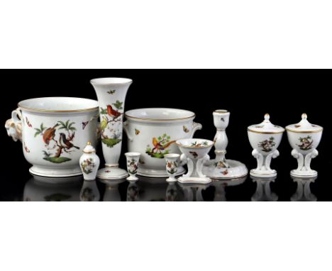 10 pieces Herend Hungary porcelain with Rothschild decor including flower pots, vase, candlestick, lidded dishes, salt shaker