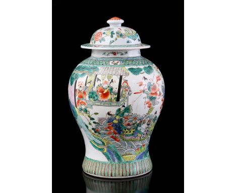 Chinese porcelain Famille Verte baluster-shaped lid vase in Kangxi style, 20th century 43 cm high (tiny chip on top of rim an