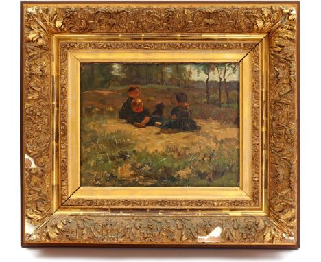 Unclearly signed, Children playing, maroufle 28x35 cm