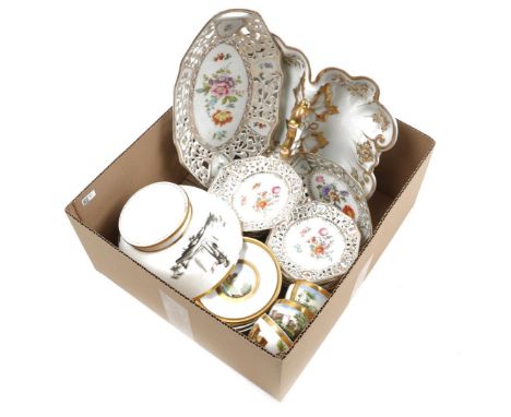 Box of 19th and 20th century porcelain b.u. KPM Bavaria bonbon dish with handle, KPM Schumann openwork colorful crockery, lar