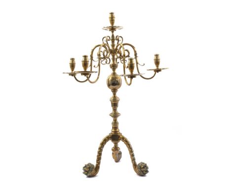 Heavy brass 5-light table candlestick with 3 lion heads at the foot, Holland approx. 1750.90 cm high, 61 cm wide and 16 kg he