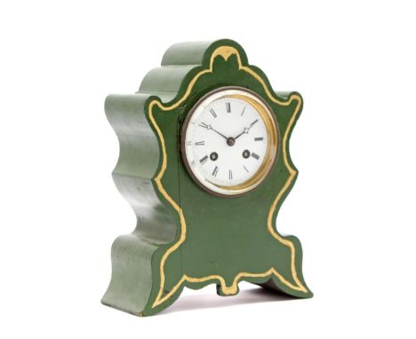 Wooden green painted mantel clock with enamel dial and facet cut glass, 27 cm high