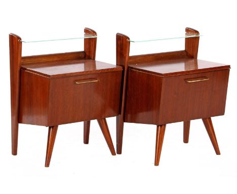 2 walnut veneer bedside tables with glazed shelf, Netherlands 1960s, 60 cm high, 44.5 cm wide, 37 cm deep