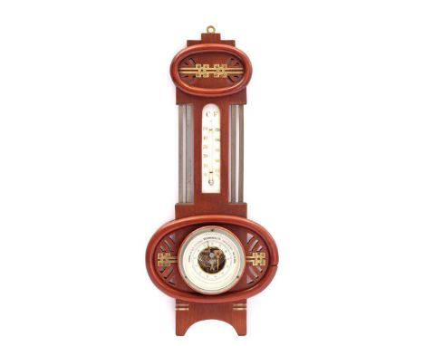 Dutch Art Deco barometer in walnut case decorated with brass, address W.J. Lauwers optician Gravenstraat1 Amsterdam on front 