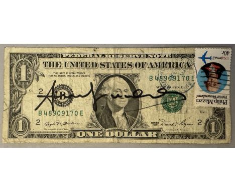 Andy WARHOL (1928-1987), Attribué à. Billet de 1 dollar Américain. Signé « Andy Warhol » au marqueur. Billet datant de 1981 e