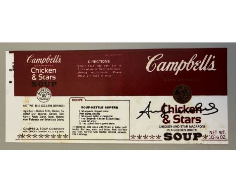 Andy WARHOL (1928-1987), Attribué à. Campbell’s Soup « Chicken &amp; Stars ».  Etiquette de boîte de conserve métallique. Sig