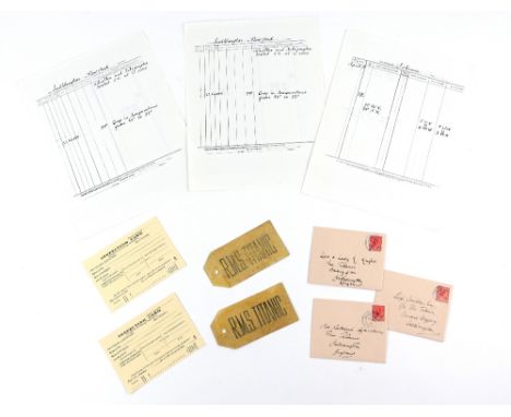 Titanic (1997) Props from the movie including two luggage tags, two inspection cards, three unopened envelopes and three log 