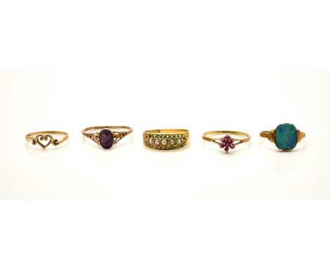 A group of five stone set rings, comprising; a 15ct gold split seed pearl ring, size L, an opal doublet ring, stamped '9ct', 