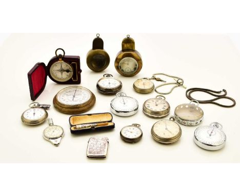 A collection of fashion watches, pocket watches and pocket instruments including stopwatches, a thermometer and a hygrometer 