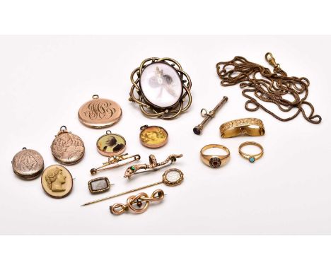 A small collection of late 19th century / early 20th century plated jewellery, comprising; three bright cut engraved lockets,