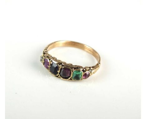 A 19th century 'Regard' ring, the graduated row of stones comprising; ruby, emerald, garnet amethyst, ruby and diamond, all c