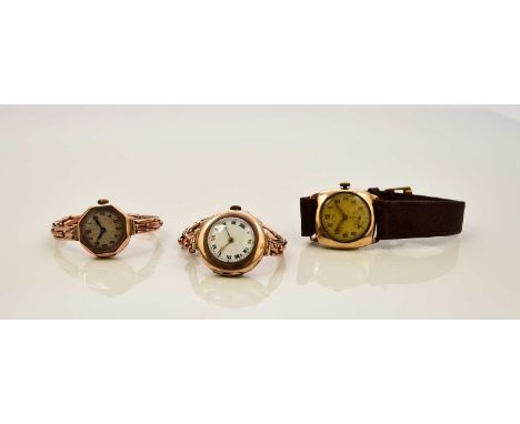 Three early 20th century 9ct gold wristwatches A gentleman's mid-size, jewelled manual movement, silvered dial with Roman mar