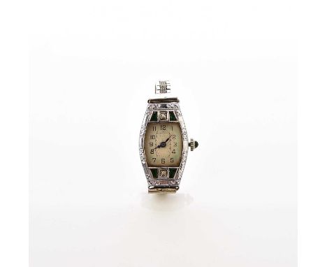 Bulova: A ladies 14k white gold stone set dress watchDate: Circa 1925Movement: 15-jewel, manualDial: Silvered, textured centr