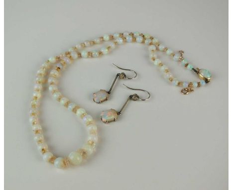 A graduated opal bead necklace, with yellow metal opal set push clasp, 39cm longer, together with a pair of opal ear pendants