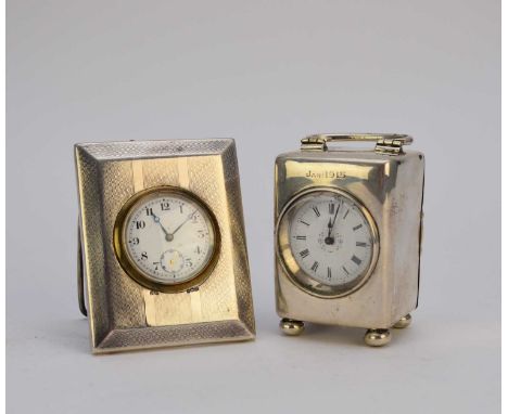 A Victorian miniature silver mounted carriage timepiece, George Randle, Birmingham 1899, the white enamel dial with Roman num