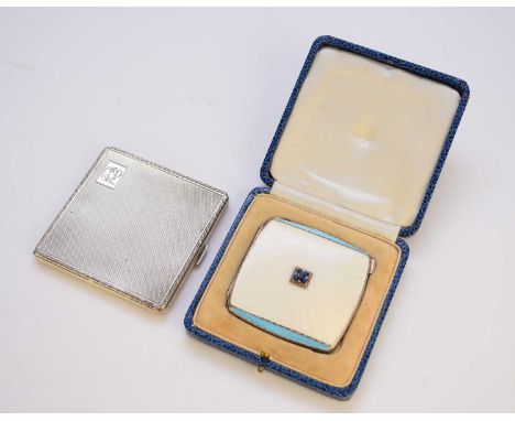 A cased silver and enamel compact, AC, Birmingham 1937, of square form with cream and light blue guilloche enamel cover set w