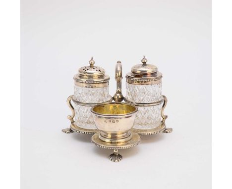 A Victorian three piece silver cruet set in frame, Henry Wilkinson &amp; Co, Sheffield 1863, of lobed trefoil form, the frame