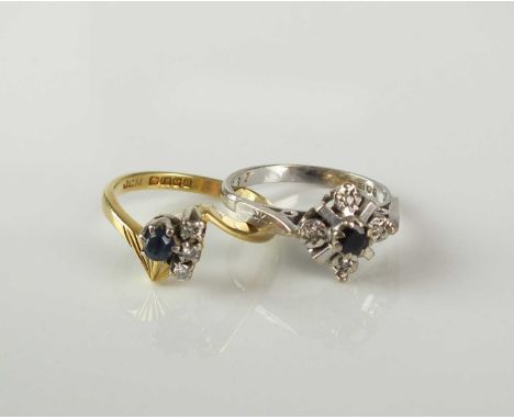 An 18ct gold sapphire and diamond ring, size J, together with an 18ct white gold sapphire and diamond cluster ring, size K, t