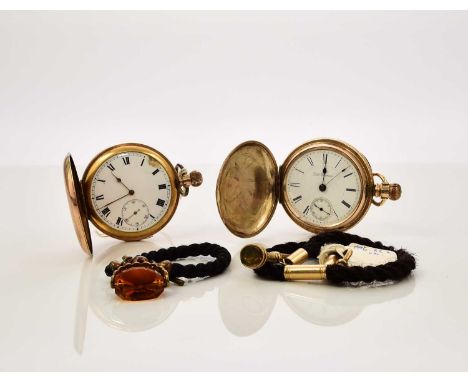 A gold plated repeater hunter pocket watch, 3/4 plate movement quarter repeating on two gongs, stem wind and set, white ename