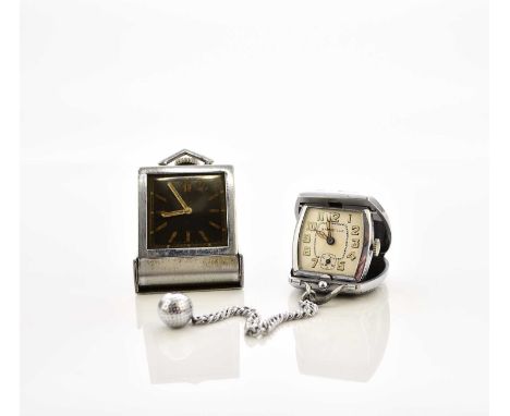 Two Art Deco travel watchesThe first of American manufacture, the chrome plated rectangular case with green and black enamell