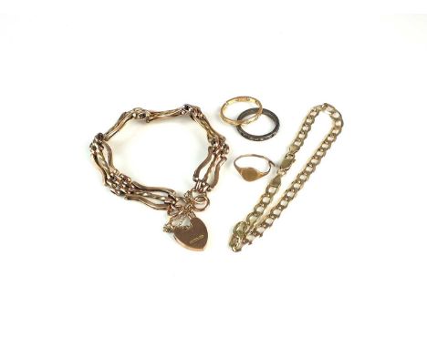 A rose metal three bar gate link bracelet, the heart shaped padlock clasp stamped '9ct', together with a yellow metal bracele
