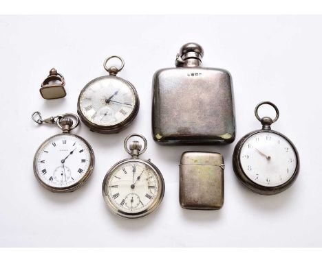 A silver hip flask, Birmingham 1920, the hinged cover detached, weight approx 2.4oz, together with a plated vesta case, three