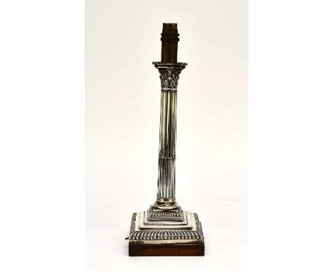 A Victorian silver mounted candlestick converted to lamp base, Hawksworth, Eyre &amp; Co Ltd, Sheffield 1896, of Corinthian c