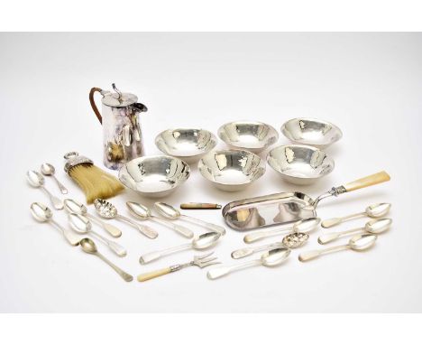 A collection of twelve George III silver Fiddle pattern teaspoons, William Chawner II, London 1816-1818, together with a silv
