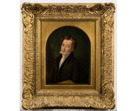 Henry Liverseege [1803-1832]-Self-portrait, bust-length,:- wearing a green coat, black waistcoat and white linen stock, holdi