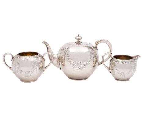 A Victorian silver  bachelor's three-piece tea service, maker Robert Harper, London, 1869: of globular form with engraved gar