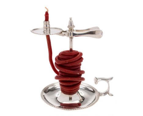 A George III silver wax jack, all marks worn, London, 1794: the circular sconce with scissor action, rising on a plain stem w